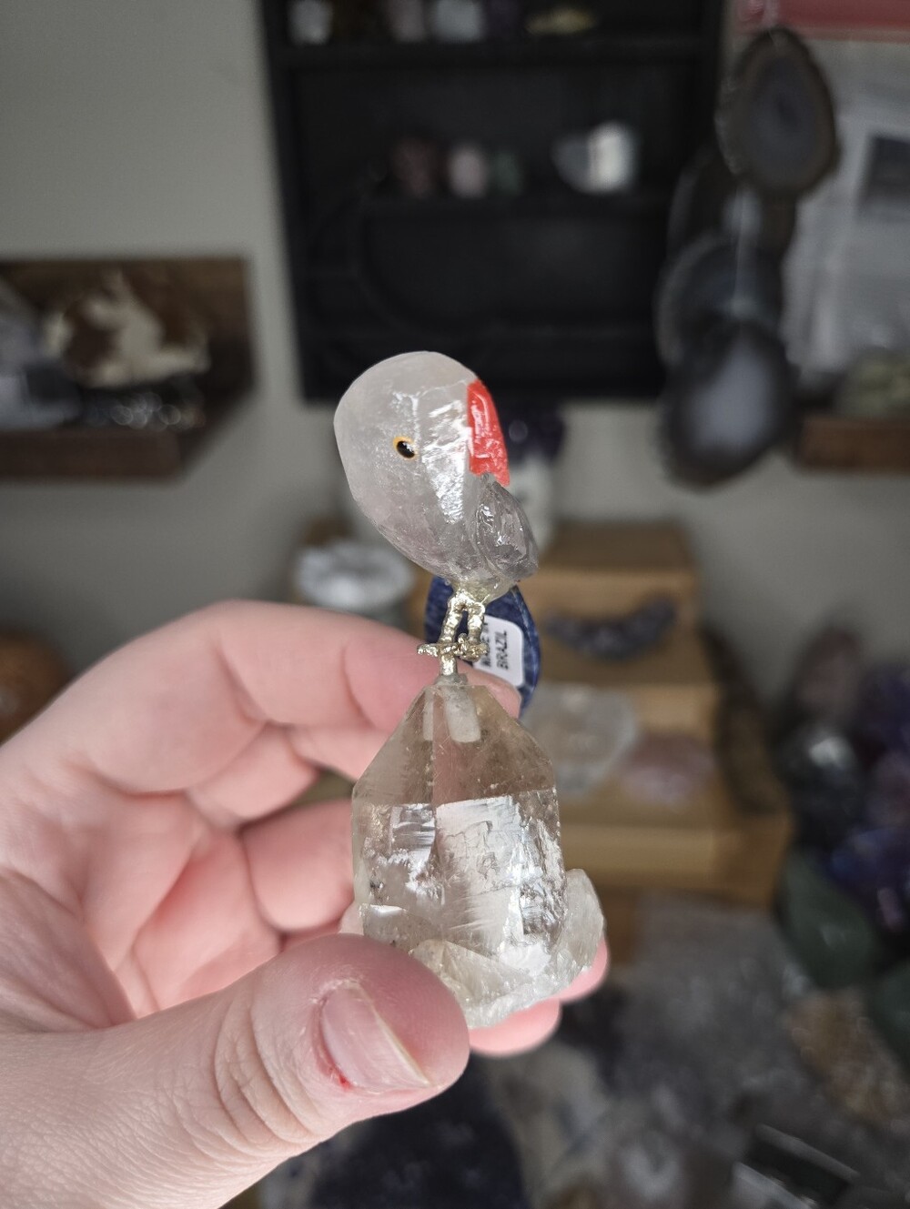 Clear Quartz & Sodalite Parrot Bird Carving On Smoky Quartz Base - Picture 3 of 6